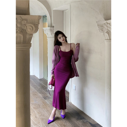 Pure Lust Hot Girl Sexy Pure Color Suspender Dress Tight Waist Knitted Hip Skirt Elegant Niche Mid-Length Skirt