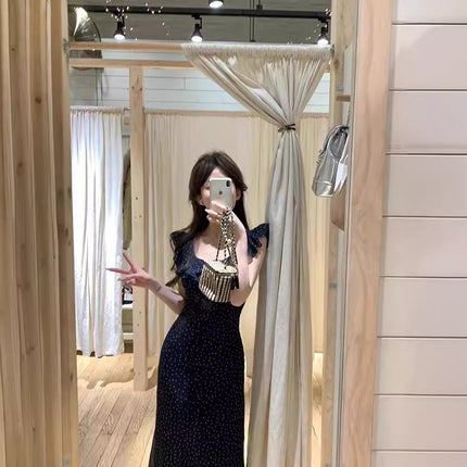 French High-end Ruffled Short-sleeved Dress Women's Tight Waist Elegant Sexy Backless Wave Dot Mid-length Dress for Summer