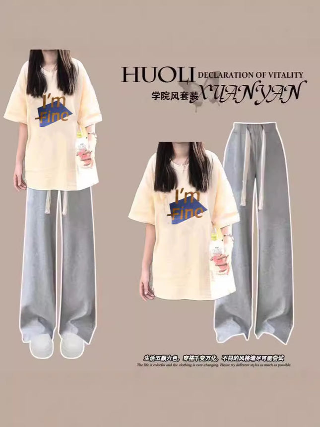 Pure Cotton Short-Sleeved T-Shirt Two-Piece Set for Junior High School Students, Loose Round Neck Top for Girls, Thin, Lazy Style, 2024 New Style