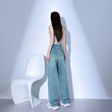 American Style Hot Drilling Peacock Green Straight Jeans Women's Spring and Summer 2025 New High Waist Loose Slimming Narrow Wide Leg Pants