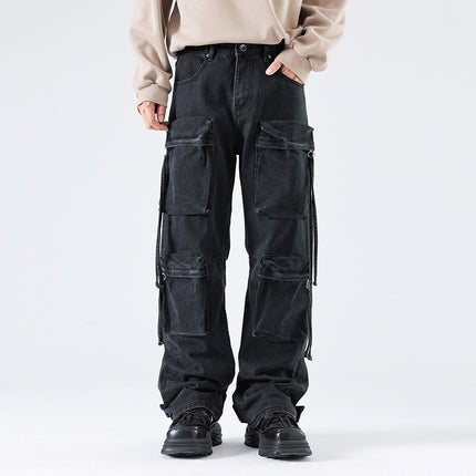 Autumn New American Retro Pocket Tooling Jeans Loose Niche Motorcycle Style Old Tooling Straight Pants
