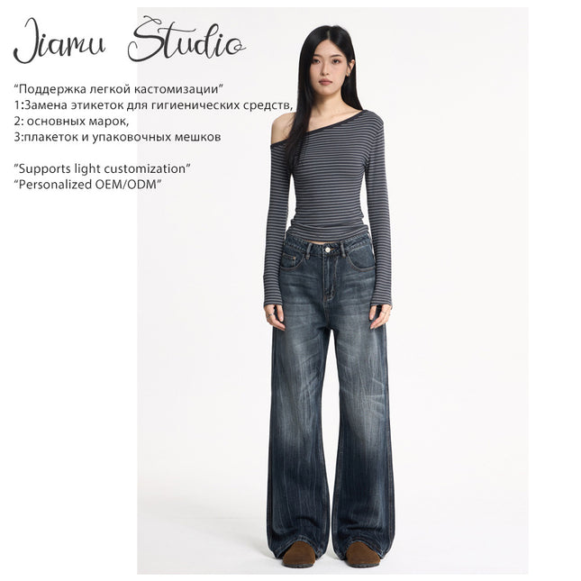 Jiamu Flame Pattern American High Street Baggy Jeans Wide-Leg Jeans for Men and Women with Slight Straight Legs, Neutral and Slimming Look