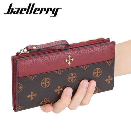 BAELLERRY Women's Long Wallet European and American Vintage Multi-Card Clutch Bag Patchwork Printed Zipper Card Bag for Women
