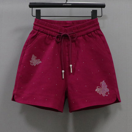 Elastic Waist Shorts Women's Hot Drilling Candy Color Butterfly Denim Wide Leg Pants New Korean Style Slim Look Elastic All-match Hot Pants