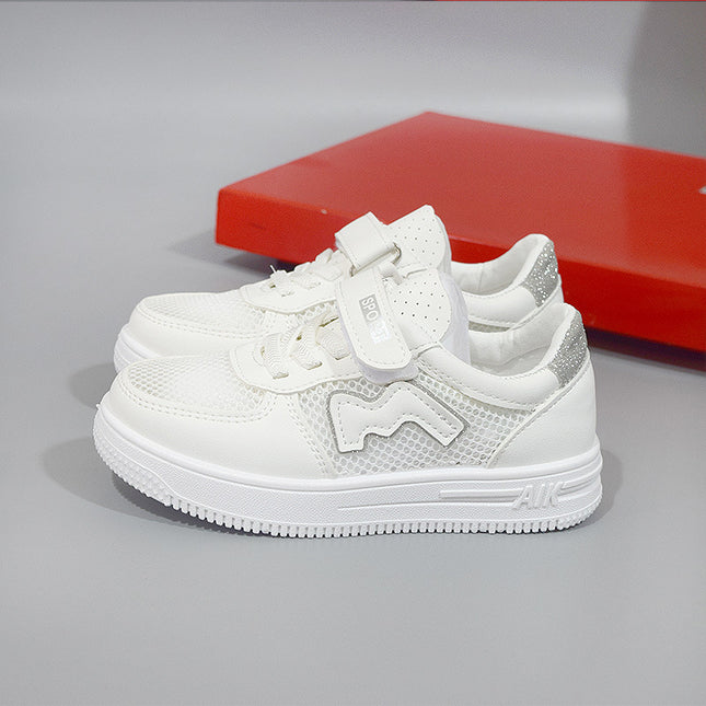 Children's White Sneakers, Mesh Breathable Sports Shoes, Soft-Soled School Summer Girls' Sneakers with Velcro, Suitable for Spring and Autumn Activities