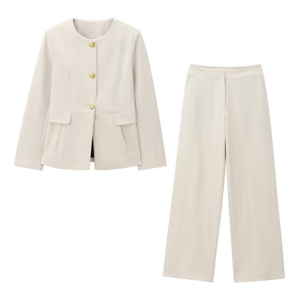European and American Style Solid Color French Style Fragrant Style Celebrity Elegant Casual Commuter Flip-on Slim-fit Round Neck Professional Suit Jacket