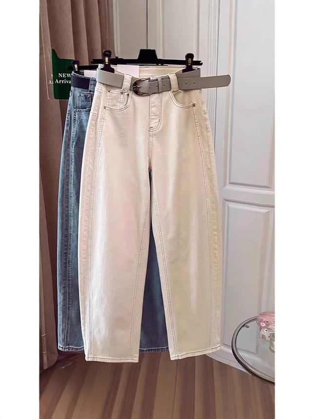 White Curved Knife Jeans for Women, Summer New Style, Loose High-Waisted Sickle Wide-Leg Pants, Petite Plus Size Carrot Banana Pants