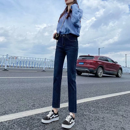 Small high waist straight jeans women's all-match retro Hong Kong style all-match loose slimming cropped pipe pants fashion