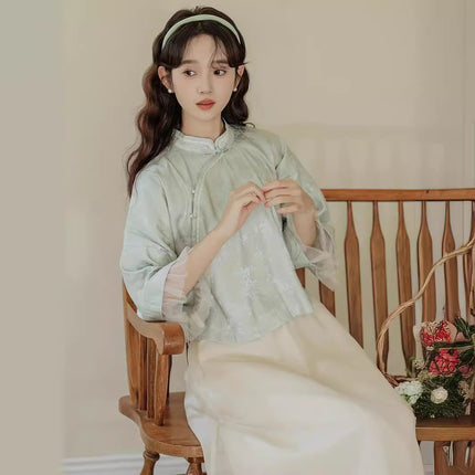 Women's Republic of China Style Student Suit Hanfu Tang Suit Improved Cheongsam suit Girlfriend Artistic Fresh Top Two-piece suit