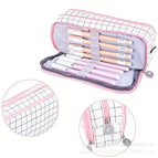 Oxford cloth double-open pencil case [white plaid]
