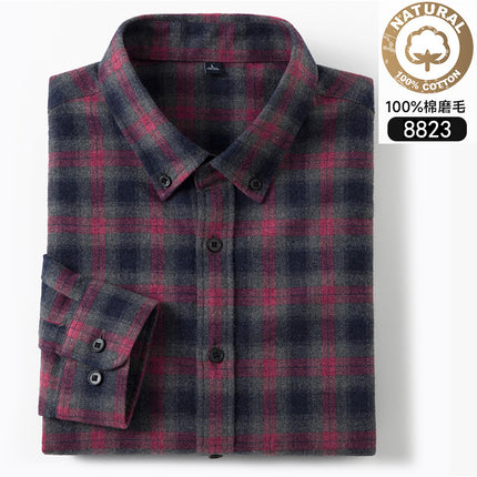 Autumn and Winter New Pure Cotton Brushed Long-Sleeved Shirts for Young and Middle-Aged Plaid Casual Business Men's Shirts Popular on Douyin