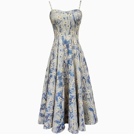 Tea Break French Pure Desire Blue Oil Painting Dress Women's Summer New Fairy Floral Waist Suspender Mid-Length Skirt