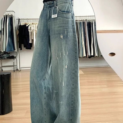 Washed-Out Denim Wide-Leg Pants for Women, High-Waisted, Plus-Size, Hip-Covering, Straight-Cut, Slimming, Floor-Length Trousers
