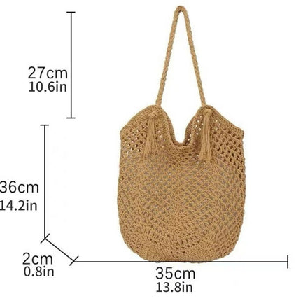 New Style Cotton Straw Woven Bag Women's Bag Tassel Hand Woven Bag Large Capacity Tote Bag Holiday Beach Bag for Women