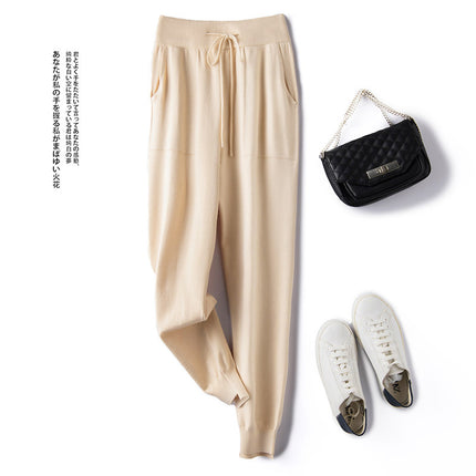 Fine wool-like knitted pencil pants women's high waist stretch drawstring radish harem smoke tube pencil pants loose casual