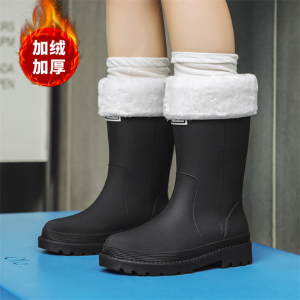 Women's Thick-Soled Rain Boots for Outdoor Wear, Non-Slip Kitchen and Car Wash Water Shoes, Fleece-Lined and Thickened Rain Boots