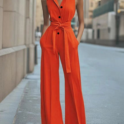 Cross-Border Aliexpress Amazon European and American Women's Clothing Summer Lapel Sleeveless Solid Color Single-Breasted Office Commuting Jumpsuit