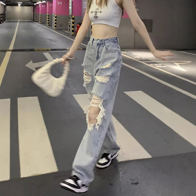 American Retro Washed Light Blue Ripped Jeans for Women Summer Casual Loose Slimming Straight Wide-Leg Floor-Length Pants