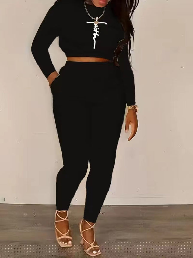 Y045 Cross-Border Women's Clothing Amazon Letter Embroidery Crop Top Long-Sleeve Long Pants Stylish Workwear Comfortable Casual Wear