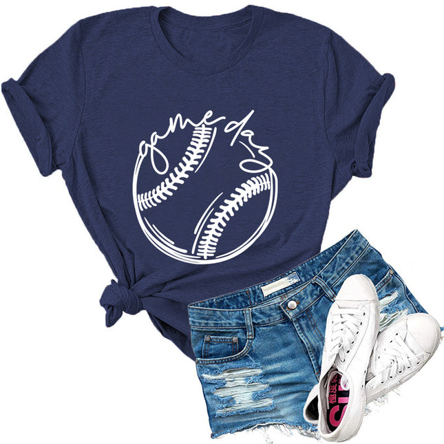game day european and american baseball pattern print round neck t-shirt women's short sleeve top temu cross-border women's wish