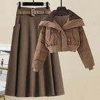 Brown jacket + brown skirt two-piece set / S