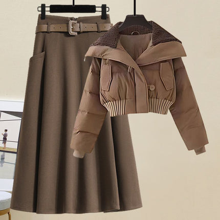 Winter wear small cotton-padded jacket coat with a set of new autumn and winter thick wool skirt two-piece suit