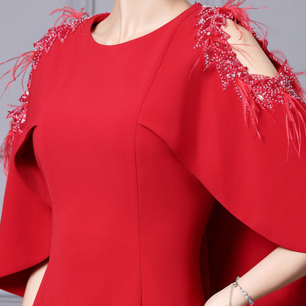Zhili Red dress plus size Women's chubby girl Belly Covering Light Luxury High-end Important Occasion Shoulder Dress