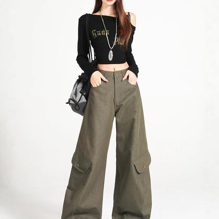 Army Green Silhouette Scimitar Workwear Casual Pants for Women, New Autumn American High Street Loose Drape Wide-Leg Floor-Length Pants