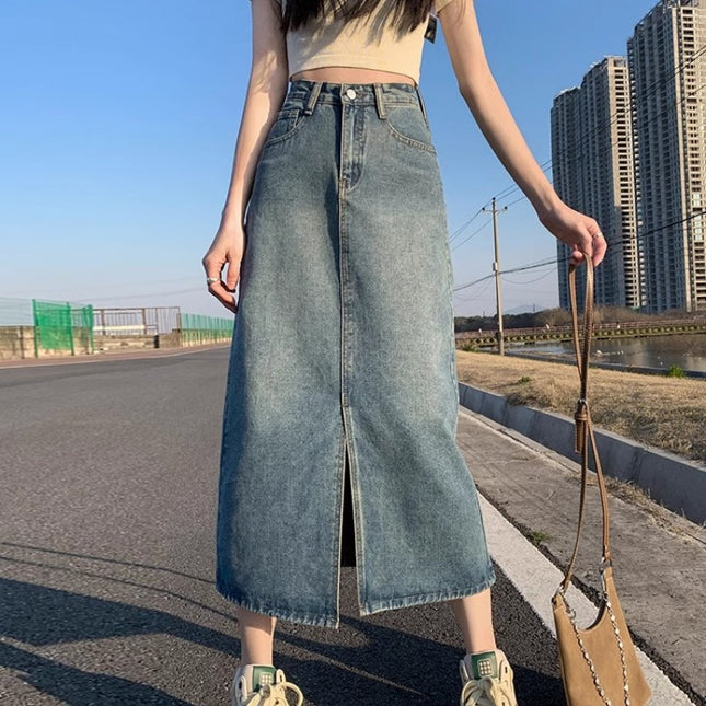 Short Hipped Denim Skirt Women's Trendy All-match Retro High Waist Slimming Split A- Line Mid-length Skirt
