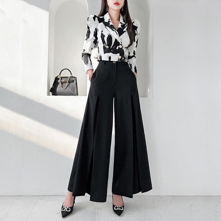 Foreign Trade Women's New Two-piece Set 2024 Spring Korean Style Slim-fit Printed Suit Jacket Tight Waist Fashionable Wide-leg Pants