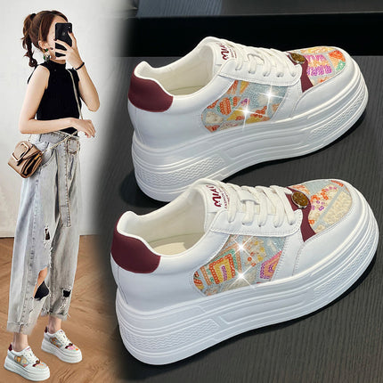 Women's White Sneakers with Hidden Height Increase, 2026 Spring New Model, 9cm Platform Sole, Breathable Sneakers, Korean Style, Genuine Leather Mesh Women's Shoes