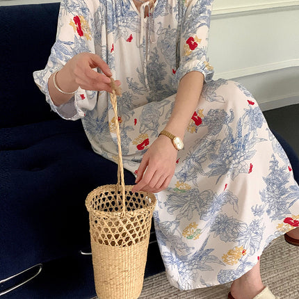 Mishiti Cotton Silk New Chinese Style Short-Sleeved Nightgown for Women, Summer Thin Style, National Style Cotton Silk Home Wear, Can Be Worn Outside