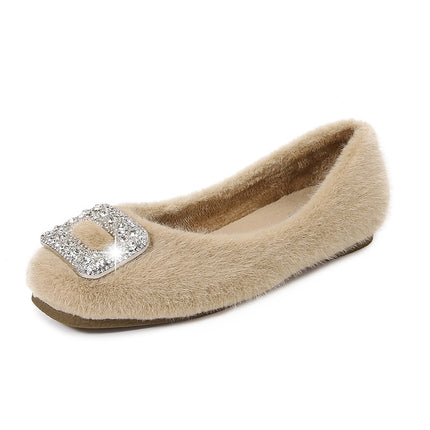 2025 New Winter Furry Shoes for Women, Korean Style Square-Toe Flats Shoes, Fleece-Lined Rhinestone Bean Shoes, Women's Cotton Scoop Shoes