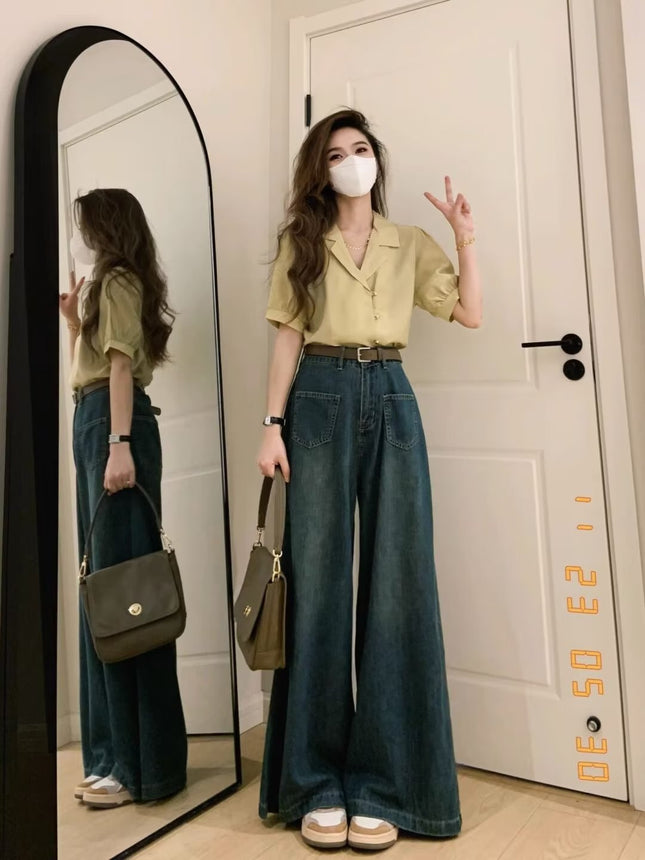 Small wide-leg jeans women's autumn high waist loose design straight plus size chubby girl loose mop pants