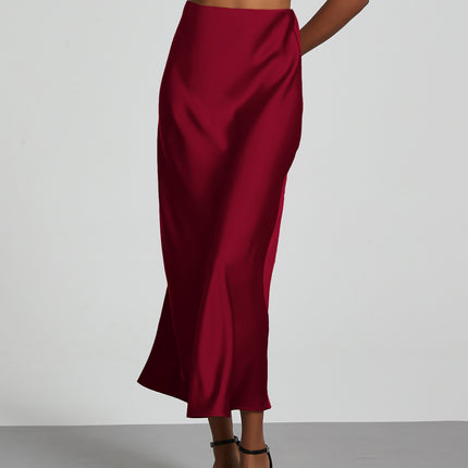 Cross-border women's clothing wholesale European and American style fashion temperament satin texture skirt solid color glossy wine red medium skirt