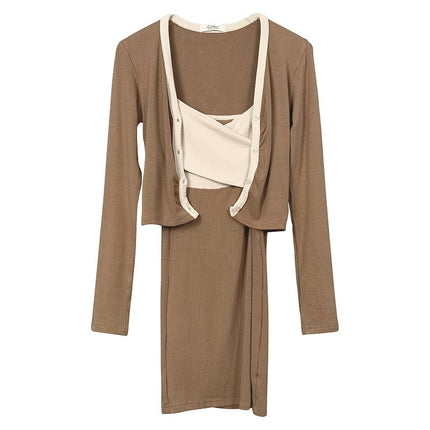 Han Li Dongdaemun Slim-fit Sexy Figure Contrast Color Bag Hip Sling Skirt Long Sleeve Cardigan Two-piece Suit for Women
