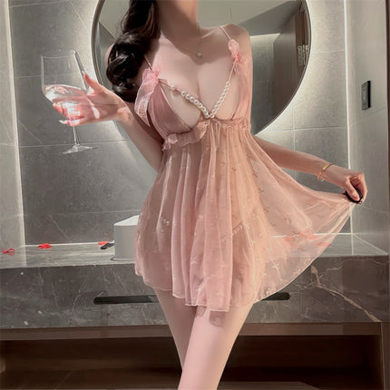 Sexy Nightgown for Women, Deep V Pearl Exposed Breasts, Slightly See-Through Sexy Intimates, Couple's Bed Mood Shirt, Home Clothes Wholesale