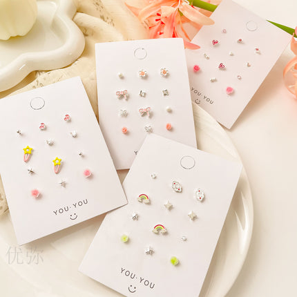 Sweet Small Fresh Simple Silver Needle Small Ear Stud suit Small Exquisite Cute Gentle Girl Heart Ring New Spring Style