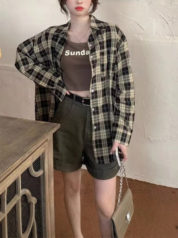 Vintage Plaid Shirt Coat Women's Spring and Summer Korean-style Niche Loose Bf Lazy Wind Sun-proof Outer Wear Small Top