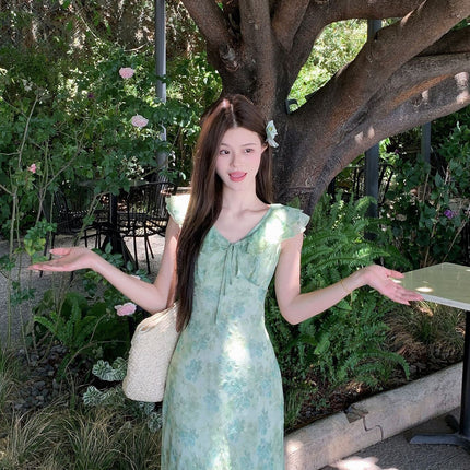 Green Ruffled Floral Dress Summer 2025 Seaside Vacation Wear Long Dress Summer Beautiful Little Skirt