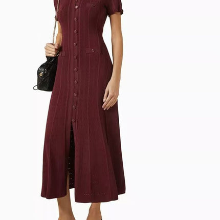 Cross-Border S Brand French Style New High-End Chanel-Inspired Hollow Lace Sleeve Slim-Fit Split Knit Dress
