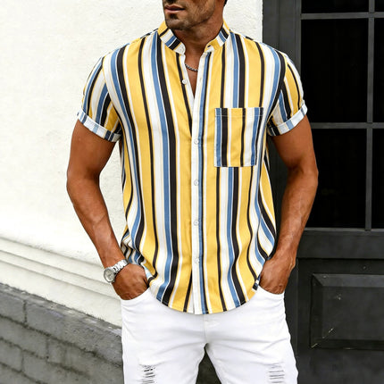 European and American 2020 foreign trade wholesale men's short sleeve shirt striped printing European size collar half sleeve shirt men's cross