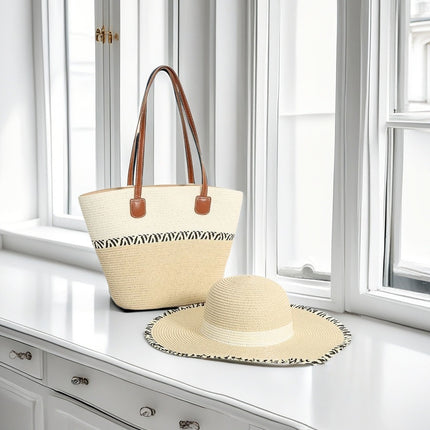 Cross-Border Straw Hat Straw Bag Two-Piece Set Sun Hat Large Capacity Striped Tote Bag Shoulder Bag Beach Bag Factory Store