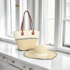 Beige milky white middle braid / Hat + bag set