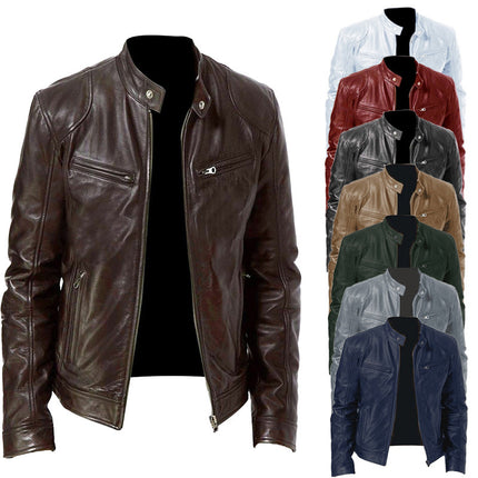 Spring and Autumn Business Gentleman Warm Zipper Cardigan Pocket Decorative Pu Leather Jacket Stand Collar Slim Fit Zipper Leather Jacket