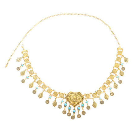Bohemian Color Imitation Turquoise Waist Chain Ethnic Style Retro Love Coin Tassel Body Chain Female Xinjiang Travel Shooting
