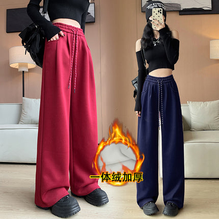 in stock Ancora Red Drawstring Sports Pants Autumn and Winter High Waist Casual Slimming Wide Leg Pants Women's Fleece-Led Pants
