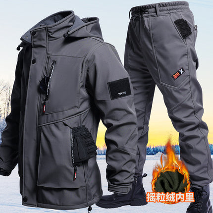 Autumn and Winter fleece-lined Waterproof Charge Clothes suit Soft Shell Mountaineering Warm Mountaineering Clothes Outdoor Labor Protection Dirty Resistant Work Clothes