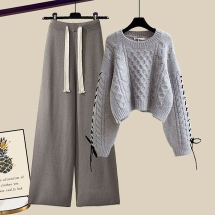 plus size Women's Autumn and Winter suit Women's 2024 New Pullover Knitted Sweater Women's Loose Slimming Wide Leg Pants Two-piece Set