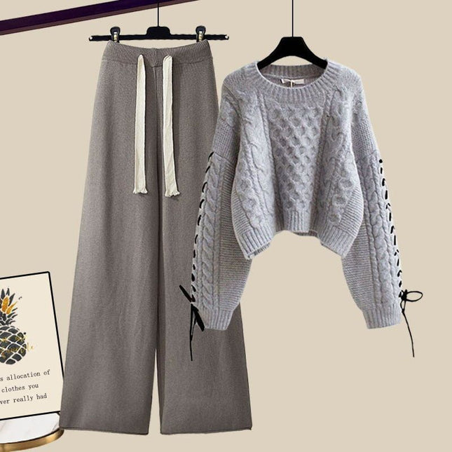 plus size Women's Autumn and Winter suit Women's 2024 New Pullover Knitted Sweater Women's Loose Slimming Wide Leg Pants Two-piece Set